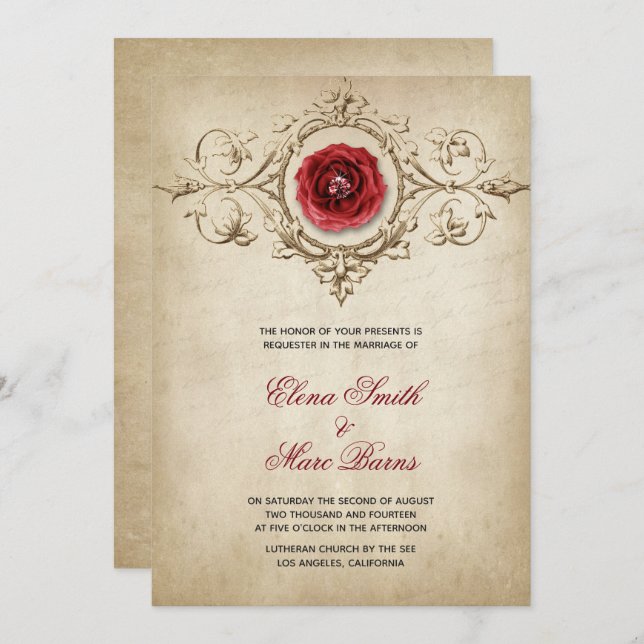 Invitación Boda Adorno Rosa Roja Y Beige (Anverso / Reverso)