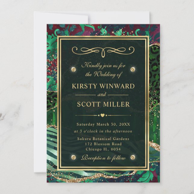 Invitación Boda Ágata Glitter Verde Dorado Selva (Anverso)