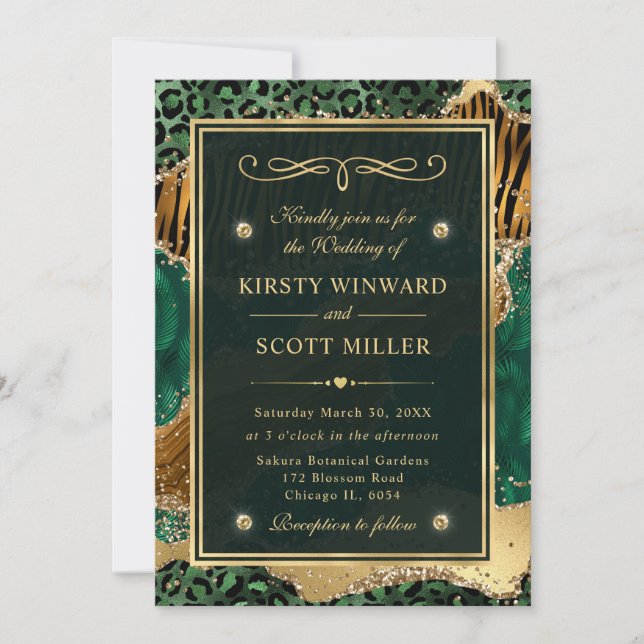 Invitación Boda Agata Glitter Verde Dorado Selva (Anverso)