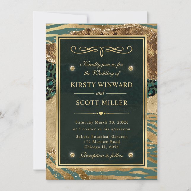Invitación Boda Agata Jungla Brillo Oro Verde (Anverso)