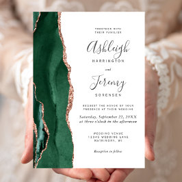 Invitación Boda ágata verde esmeralda chic oro rosa