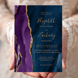 Invitación Boda Agate azul de la Marina de Oro Púrpura