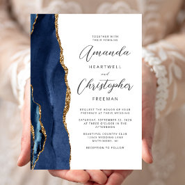 Invitación Boda Agate Azul Marino Dorado Script