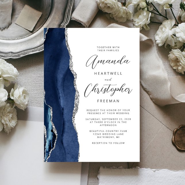 Invitación Boda Agate Azul Marino Plata Script (Subido por el creador)