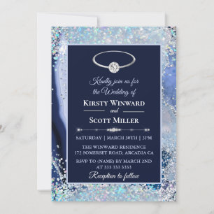 Invitación Boda Agate Purpurina de Plata Azul