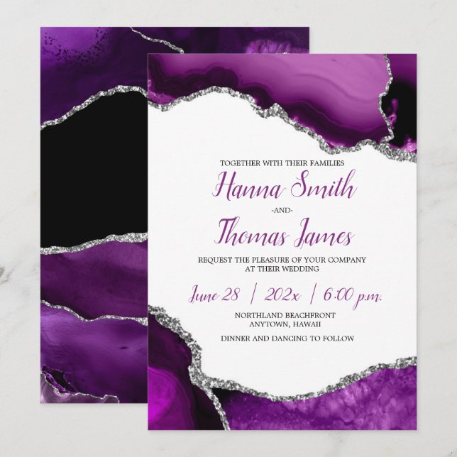 Invitación Boda Agate Purpurina de Plata Púrpura (Anverso / Reverso)