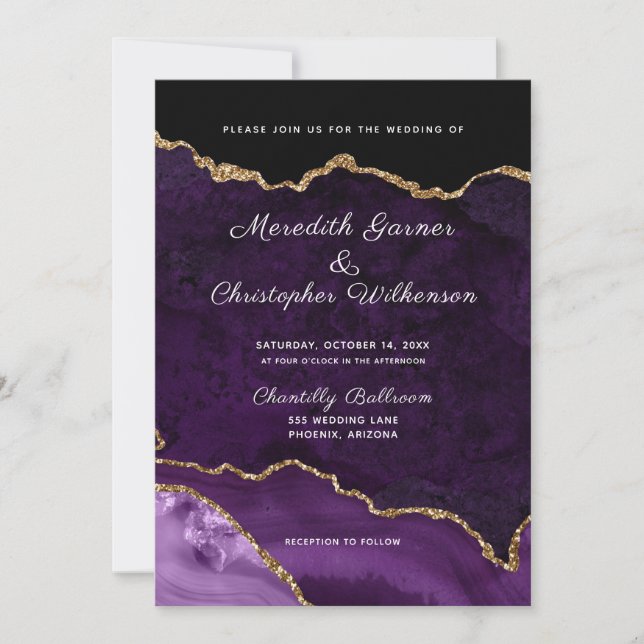 Invitación Boda Agate Purpurina de Purple Elegance Gold (Anverso)
