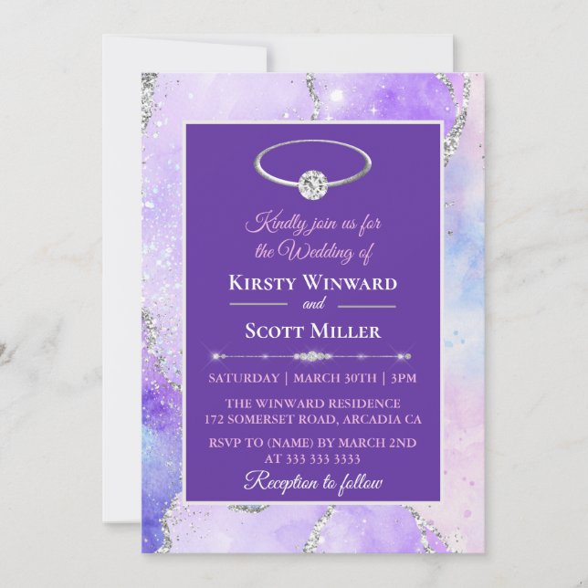 Invitación Boda Agate Purpurina Lilac Silver (Anverso)