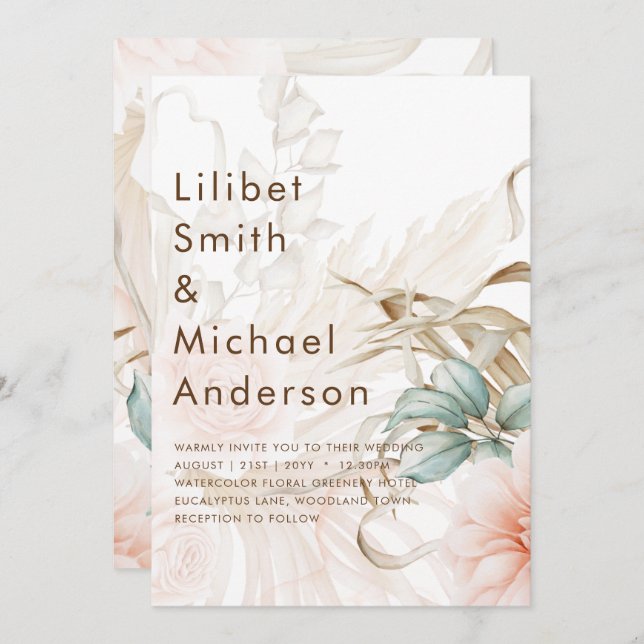 Invitación Boda Airy BOHO Pampas Grass Light Peach (Anverso / Reverso)