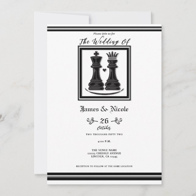 Invitación Boda Ajedrez Rey & Reina Blanco Negro (Anverso)