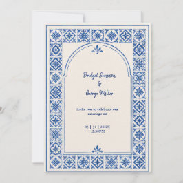 Invitación Boda al aguarela con arco de azulejo azul mediterr