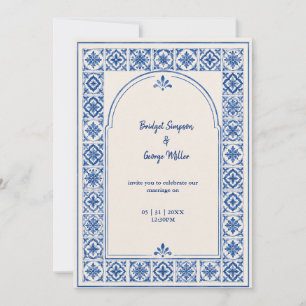 Invitación Boda al aguarela con arco de azulejo azul mediterr