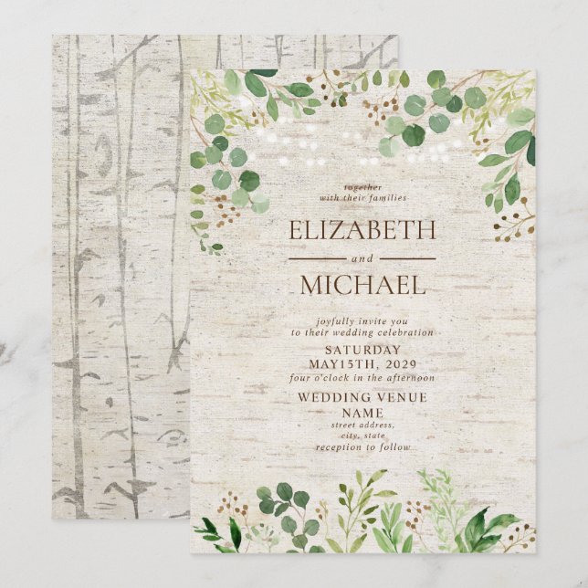 Invitación Boda al aire libre del bosque de Birch Botanicals  (Anverso / Reverso)