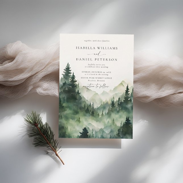 Invitación Boda al aire libre Rústico de la Escena de las Mon (mountains wedding invitation rustic outdoors forest pine scene watercolor elegant modern chic)