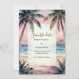 Invitación Boda al atardecer con palmeras en la playa tropica