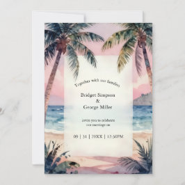 Invitación Boda al atardecer con palmeras en la playa tropica