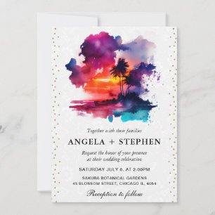 Invitación Boda al atardecer en isla tropical con acuarela
