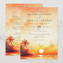 Invitación Boda al Atardecer en la Playa con Acuarela Naranja