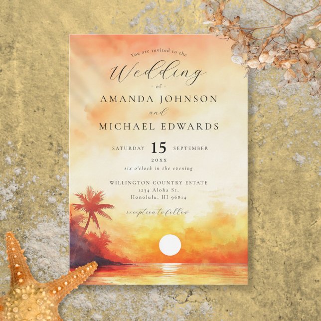 Invitación Boda al atardecer en la playa naranja elegante acu (Watercolor Elegant Orange Beach Sunset Wedding Invitation)