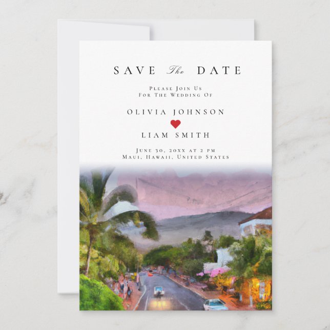 Invitación Boda al llegar en Maui Hawaii Aquarelle Save the D (Anverso)