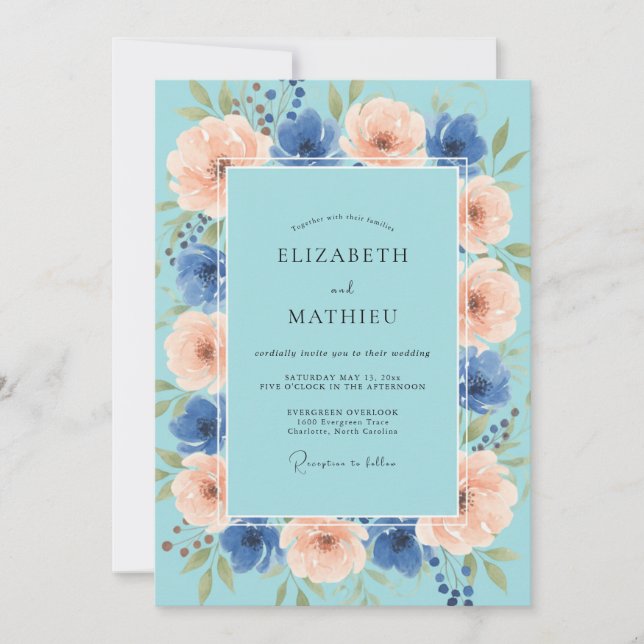 Invitación Boda alegre de primavera azul acuático (Anverso)