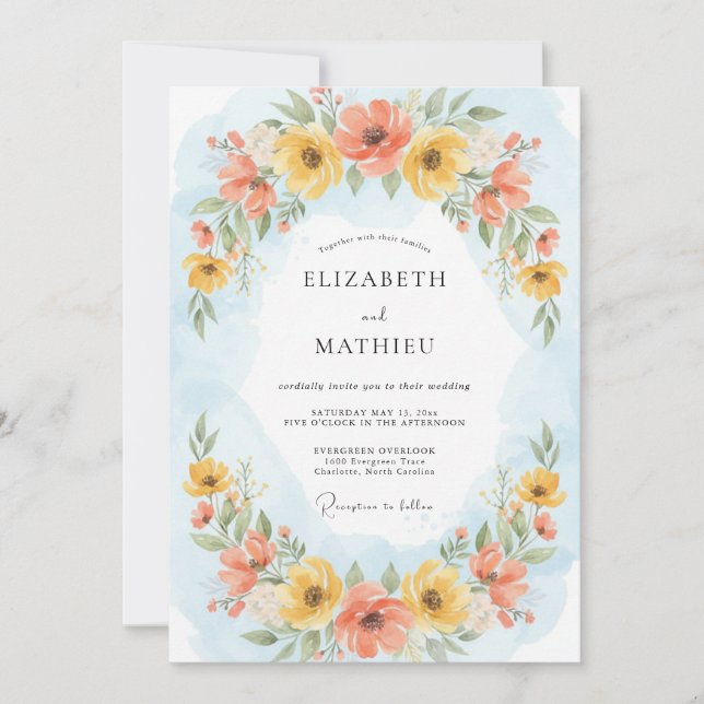 Invitación Boda alegre de primavera azul cielo (Anverso)