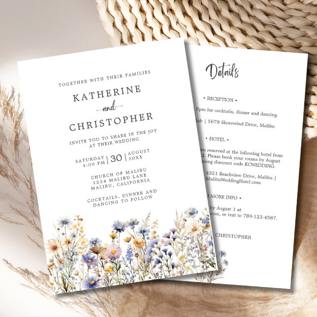 Invitación Boda All-In-One de flores salvajes azul turquesa (BOHO Dusty Blue Wildflowers All In One Wedding Invitation with RSVP, Hotel, Reception Info on Back.)