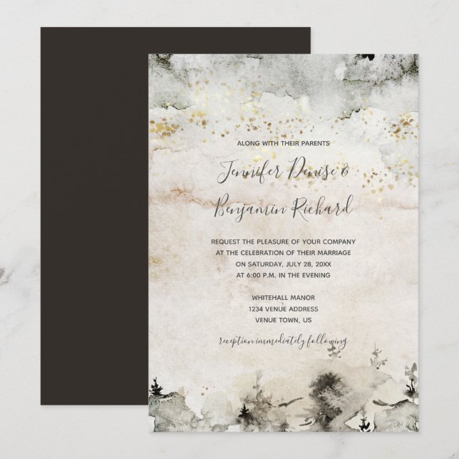 Invitación Boda alpino de color gris y oro acuático | (Anverso / Reverso)