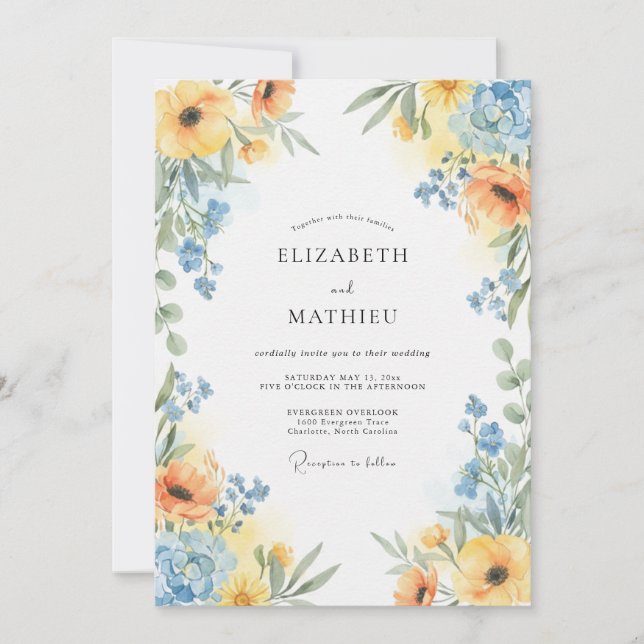 Invitación Boda Amapola Azul Amarillo Dorado (Anverso)