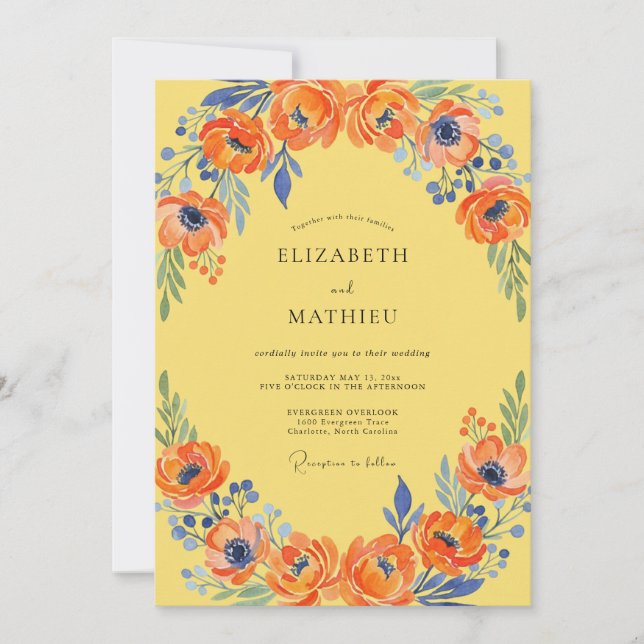 Invitación Boda Amapola Cobalto Amarillo (Anverso)
