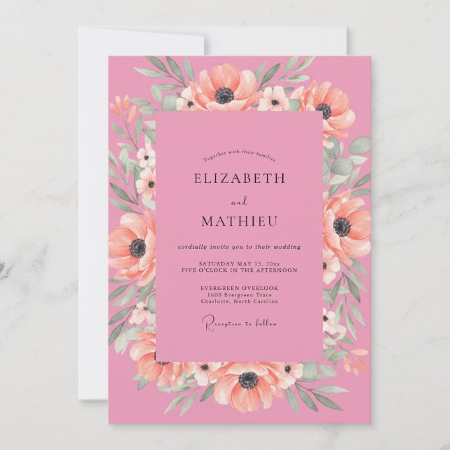 Invitación Boda Amapola Coral Rosa (Anverso)