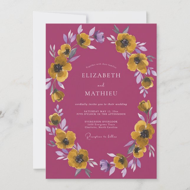 Invitación Boda Amapola Dorada Ciruela (Anverso)