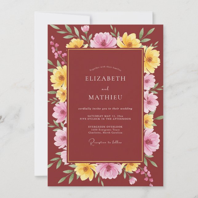 Invitación Boda Amapola Dorada Granate (Anverso)