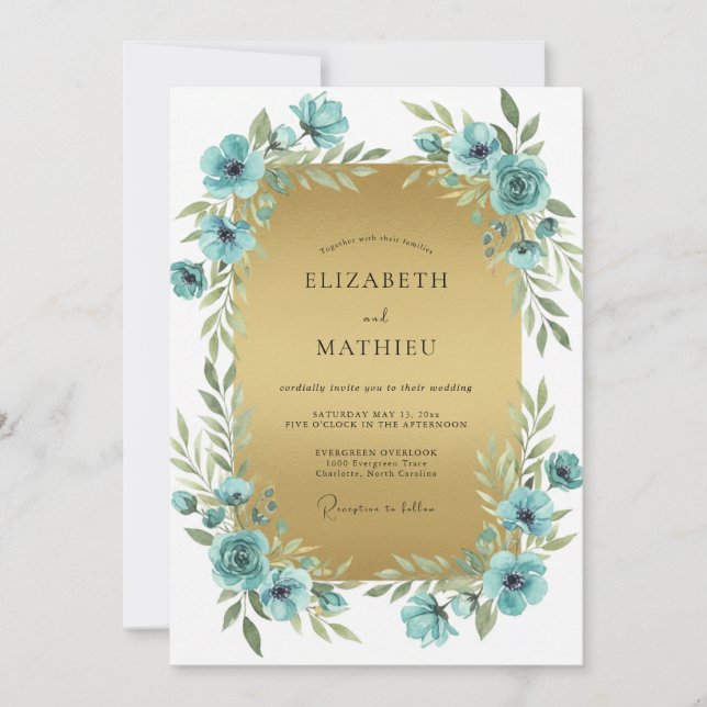 Invitación Boda Amapola Dorada Verdeazulada (Anverso)