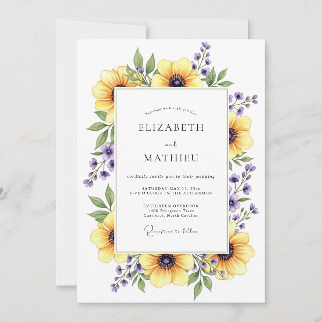 Invitación Boda amarilla floral de primavera (Anverso)