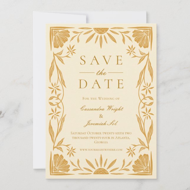 Invitación Boda amarilla floral y sunshine salva la fecha (Anverso)