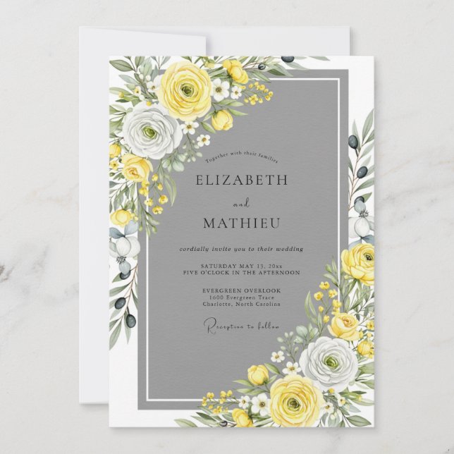 Invitación Boda amarilla gris elegante de primavera (Anverso)