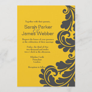 Invitación Boda amarilla gris pizarra y vibrante del damasco