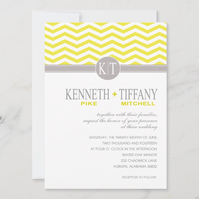 Invitación Boda Amarilla Monograma Chevron Mitchell (Anverso)