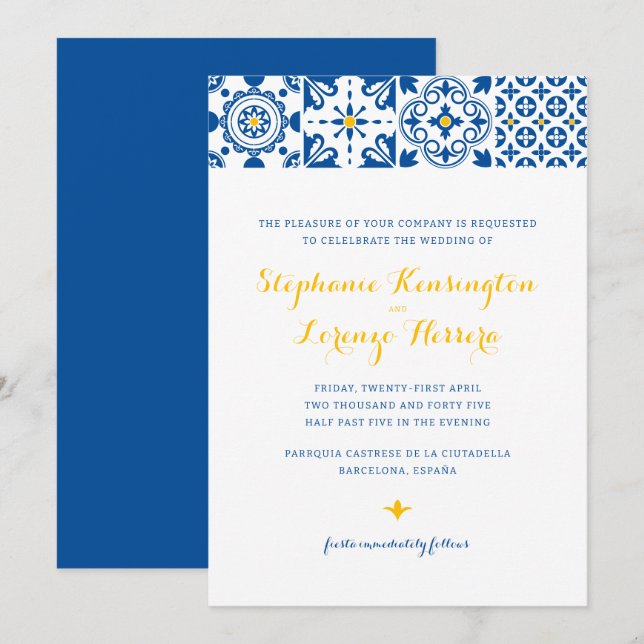 Invitación Boda amarillo azul mosaico mediterráneo (Anverso / Reverso)