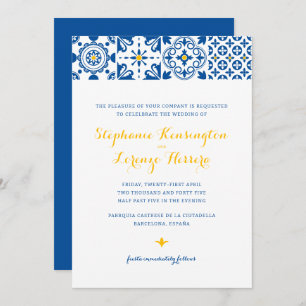 Invitación Boda amarillo azul mosaico mediterráneo