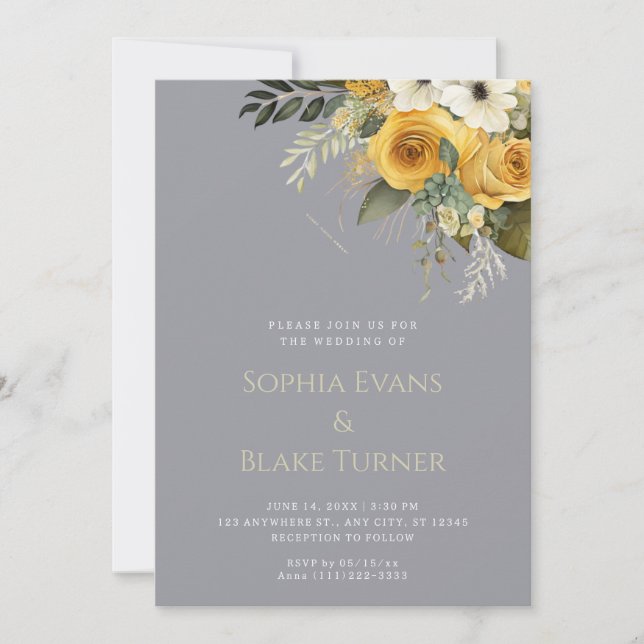 Invitación Boda amarillo blanco y verde de gris floral (Anverso)