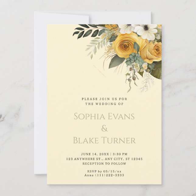 Invitación Boda amarillo blanco y verde floral amarillo (Anverso)