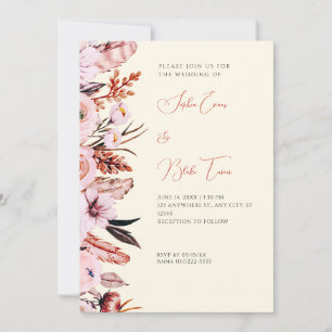 Invitación Boda Amarillo Boho Pink & Brown Flowers/Feathers