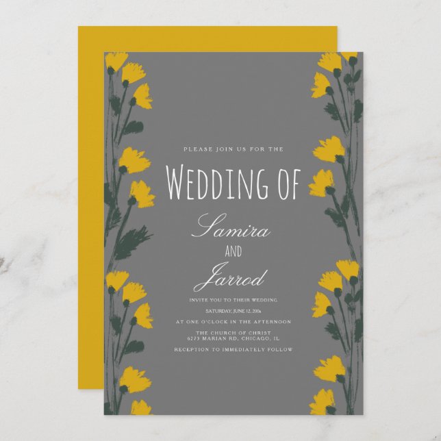 Invitación Boda Amarillo Botánico Floral Silvestre Dibujado A (Anverso / Reverso)