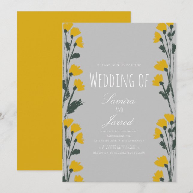 Invitación Boda Amarillo Botánico Floral Silvestre Dibujado A (Anverso / Reverso)