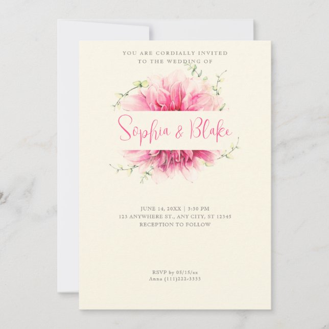 Invitación Boda amarillo con marco floral rosa simple moderno (Anverso)