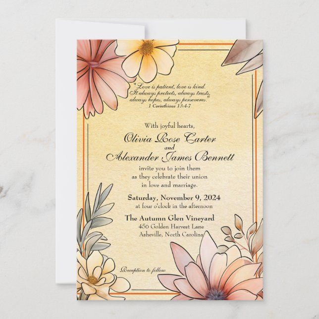 Invitación Boda Amarillo de color acuático Floral Terracotta  (Anverso)
