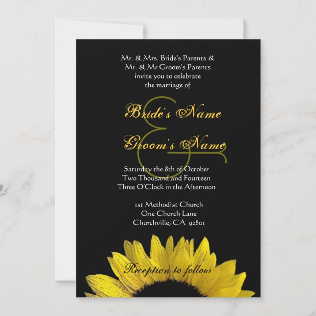 Invitación Boda amarillo de girasol negro Premium metálico (Anverso)