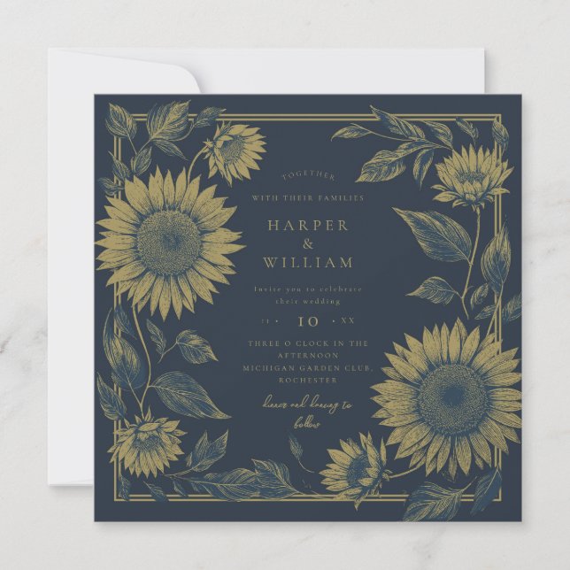Invitación boda amarillo de la marina de girasol cuadrado (Anverso)